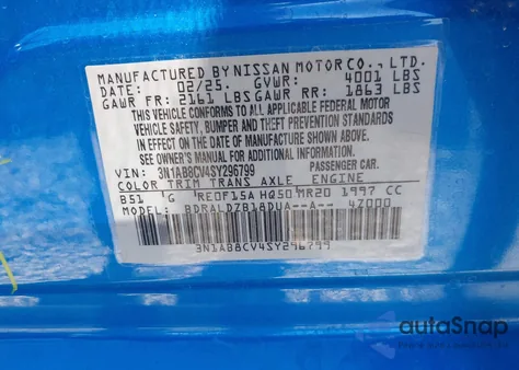 2025 Nissan Sentra Sv z USA, uszkodzony, nr VIN 3N1AB8CV4SY296799